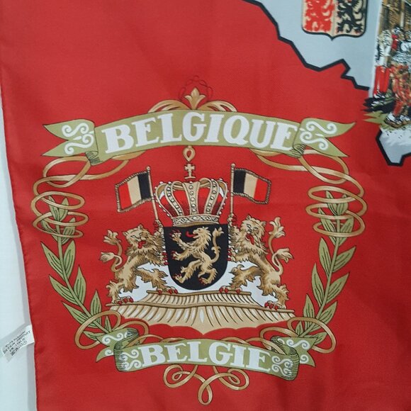 Vintage Van Deun Souvenir Square Scarf Map Of Belgium Castles Monuments Red Made - Picture 3 of 10